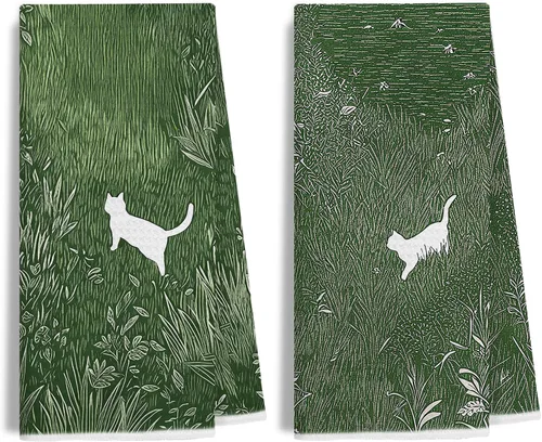 Vista 8 de Juego de 2 toallas de mano de baño con esmoquin verde retro, decoración de baño de gato, toallas de mano de gatito blanco y negro para baño, 16 x 24