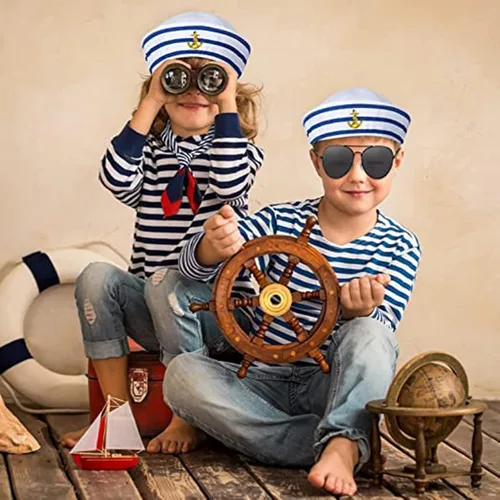 Vista 4 de Conjunto de sombrero de marinero y bufanda, traje azul marino, ajustable, sombrero de capitán de barco, disfraz náutico para mujeres, hombres y niños