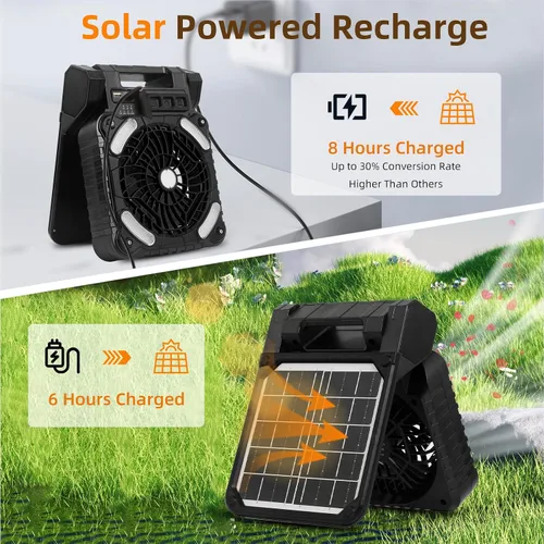 Vista 4 de Ventilador solar para camping de 20000 mAh, portátil, recargable, ventilador solar para cenador con luz LED y temporizador, batería inalámbrica de 4