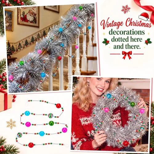 Vista 7 de 2 guirnaldas de Navidad con cuentas de vidrio vintage de 12 pies para árbol