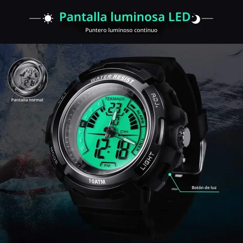 Vista 6 de Reloj deportivo de pulsera digital para natación, 328.1 ft, resistente al agua, para buceo con luz trasera LED, cronómetro y funciones de cronógrafo