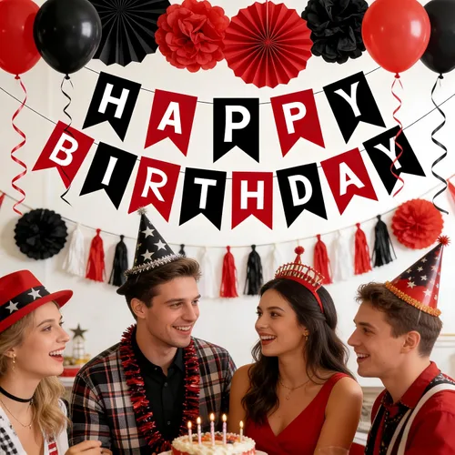 Vista 3 de Cartel de feliz cumpleaños negro y rojo – Guirnalda de letras de bricolaje, pancartas colgantes para pared y puerta, decoraciones de fiesta