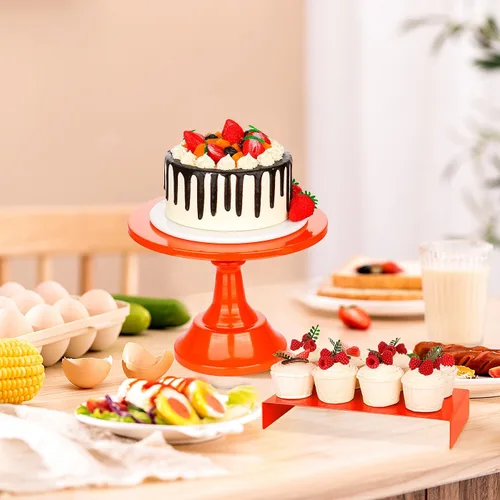 Vista 3 de Juego de 6 soportes para tartas, soportes de metal naranja para fiestas, mesa de postres, soporte redondo de 3 tamaños para tartas con soportes