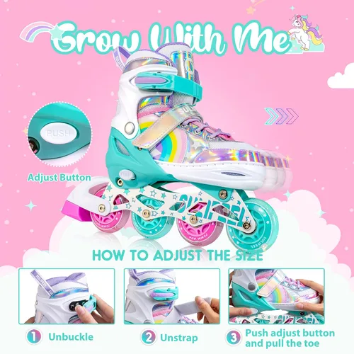 Vista 5 de SULIFEEL Rainbow Unicorn - Patines de ruedas y patines en línea ajustables de 4 tamaños
