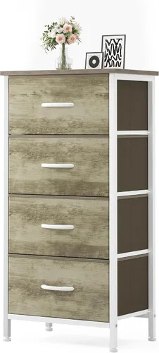 Vista 21 de Sweetcrispy Cómoda alta de tela para dormitorio, cómoda delgada de 6 cajones, torre de almacenamiento estrecha con parte superior de madera y marco