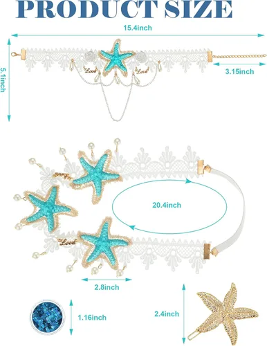 Vista 2 de Dingion 6 accesorios para el cabello de sirena, diadema de concha de estrella de mar, collar de estrella de mar, pulsera de brazo de sirena, clip