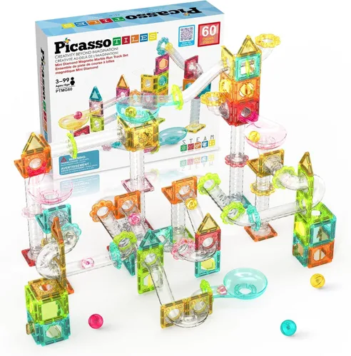 Vista 11 de PicassoTiles Carrera de Canicas Juego de 60 piezas, pista de carreras, bloques de construcción magnéticos, juguete educativo, kit de construcción