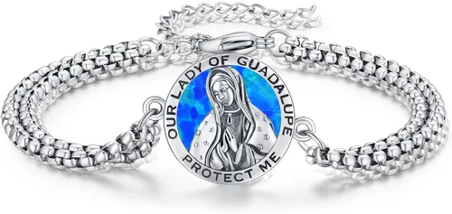 Vista 75 de Pulsera unisex de San Miguel/Cristóbal/Benedicto/Jude/José/Guadalupe/Ángel de la Guarda/Santa Muerte Pulsera de plata de ley 925 con cadena de doble