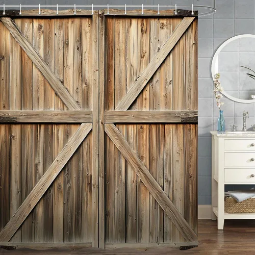 Vista 13 de Cortina de ducha de puerta de granero de madera rústica, 60 x 70 pulgadas, beige