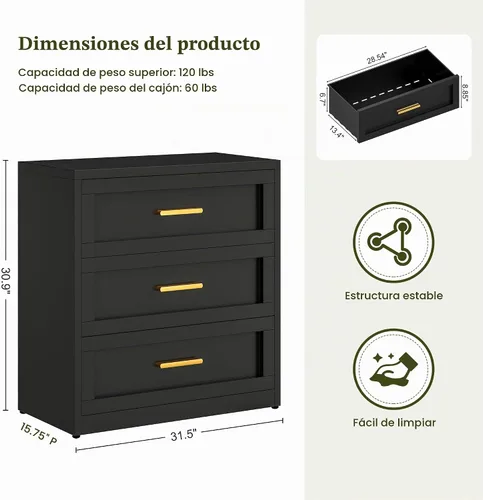 Vista 2 de LCAOPC Cómoda metálica negra de 3 cajones para dormitorio, cómoda ancha para armario, cómoda de metal, cómoda y cómoda para sala de estar, pasillo