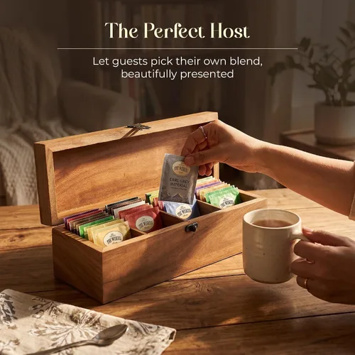 Vista 3 de Organizador de té de madera de acacia hecho a mano, caja de té de 4 compartimentos con grabado (floral clásico, 4 compartimentos)