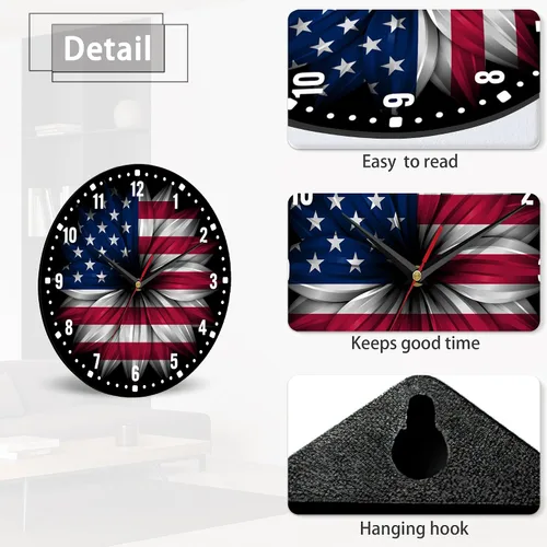 Vista 4 de SPUNKER Reloj de pared con bandera estadounidense, reloj de pared de cocina con bandera estadounidense, reloj de día de la independencia de 10