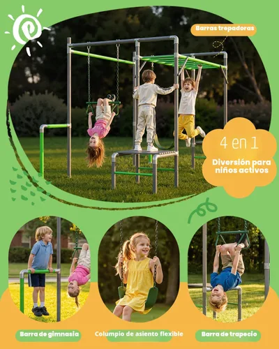 Vista 3 de Gimnasio de la Jungla al Aire Libre con Marco de Barras para Monos, Set de Escalada, Barra de Trapecio, Columpio de Cinturón, Barras de Gimnasia
