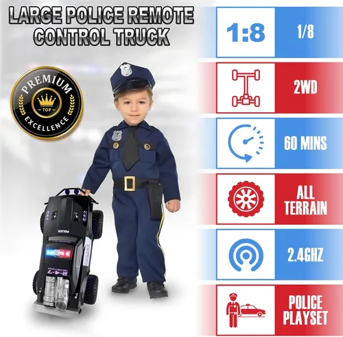 Vista 3 de Carox Coche de policía grande a control remoto con luces y sirenas para niños 1:8 coche policía con tres baterías recargables duradero RC camión