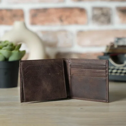 Vista 4 de Customizable Genuine Leather Bifold Wallet, Minimalist Custom Mens Card Holder Wallet (Dark Brown)