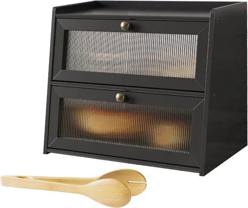 Vista 5 de Panera de bambú grande de doble capa para encimera de cocina, contenedor de almacenamiento de pan de gran capacidad de madera con soporte para pan