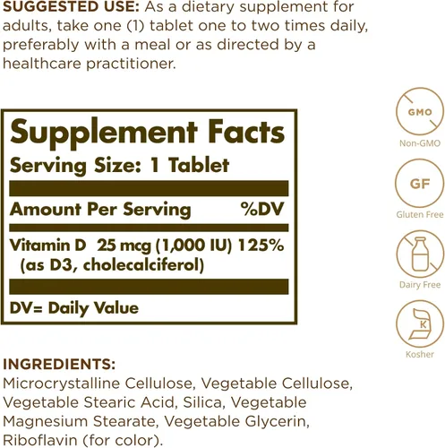 Vista 2 de Solgar, Vitamina D3 (colecalciferol) 1000 Iu comprimidos, 90