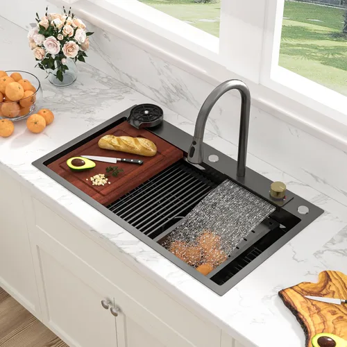 Vista 40 de Sarlai - Fregadero de cocina de cascada de 31 pulgadas, de montaje superior - 31x20 Fregadero de cocina con borde y estación de trabajo, de acero