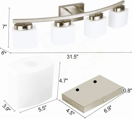 Vista 3 de Lámpara de tocador de níquel cepillado de 4 luces con pantalla de vidrio blanco para baño sobre espejo, 31.5 pulgadas