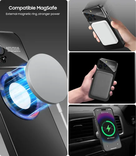 Vista 4 de MAKAVO Funda magnética para iPhone 15 Pro Max, compatible con MagSafe, protector de lente de cámara integrado, vista de logotipo, cubierta de Negro