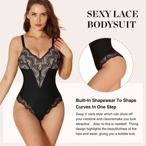 Vista 3 de SHAPSHE Body de encaje para mujer, con control de abdomen y cuello en V para mujer