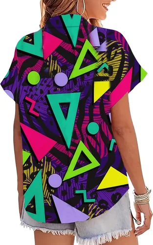 Vista 3 de Trajes de los años 80 y 90 para mujer, camiseta temática de fiesta de los años 80, camisas hawaianas con botones de los años 90, camisetas retro