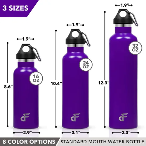 Vista 2 de Day 1 Fitness - Botella de agua de acero inoxidable con boca estándar, mosquetón, (16, 24 o 32 oz) 3 tamaños, 8 colores y opciones de paquete
