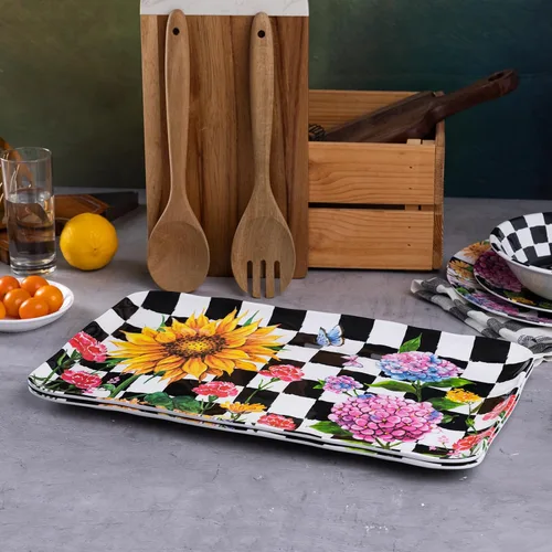 Vista 5 de LEHAHA Bandeja rectangular de melamina con girasol, juego de 2 bandejas de hortensia para servir, 44.5 x 25.5 cm, juegos de bandejas/platos Floral