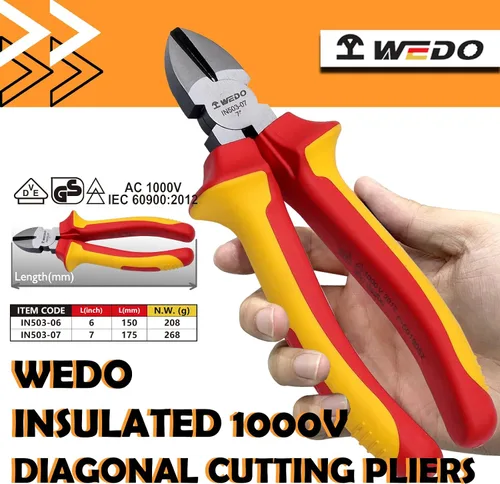 Vista 2 de WEDO Alicates de corte diagonal aislados de 6 ", VDE 1000 V Alicates de inyección de cortadores de alambre laterales, cabeza forjada de acero CR-V