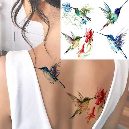 Vista 5 de 15 hojas de tatuajes temporales de colibrí de acuarela 3D de FANRUI para mujeres y niñas, pequeño, multicolor, colibrí, tatuaje, temporal, colorido