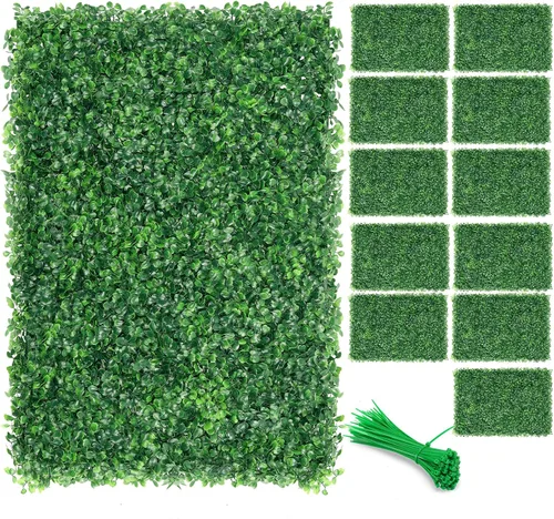 Vista 7 de Paneles de setos artificiales de boj de 10 x 10 pulgadas, 24 piezas de pantalla de privacidad de vegetación sintética, decoración de pared