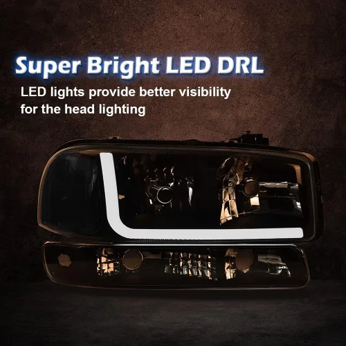 Vista 4 de CHEDA Conjunto de faros delanteros LED DRL compatible con GMC Sierra/Yukon 1999 2000 2001 2002 2003 2004 2005 2006 2007 con lámparas de señal