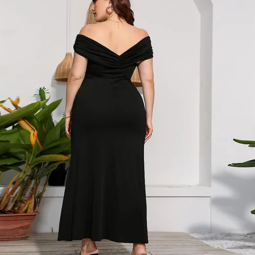 Vista 9 de Cocktail Dresses for Women Evening Party - Plus Size Off Shoulder Leg Split Dress Solid Elegant Maxi Long Dress Black