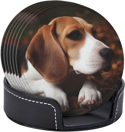 Vista 2 de Juego de 6 posavasos redondos de Beagle con soporte para bebidas, protector de mesa, almohadilla para el hogar y la cocina, juego de posavasos