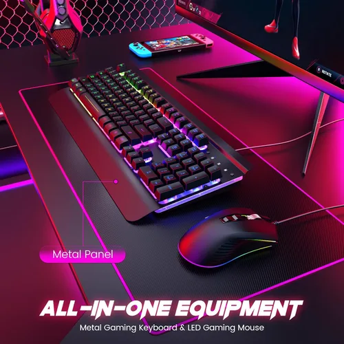 Vista 2 de Combo de teclado y mouse para juegos con cable, panel de metal de 104 teclas, teclado de computadora arcoíris con teclas multimedia, reposamuñecas