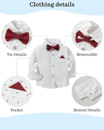 Vista 5 de DISAUR Ropa para bebé niño, camisa de vestir con corbatín y pantalones de tirantes, conjuntos de traje de caballero para boda de 1 a 6 años