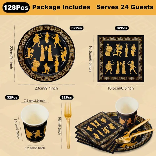 Vista 3 de Vesici 96 piezas de suministros de fiesta de mitología griega para invitados, platos inspirados en la mitología antigua, vasos, servilletas