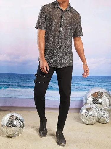 Vista 5 de WDIRARA Camisa de manga corta con botones de purpurina en contraste para hombre