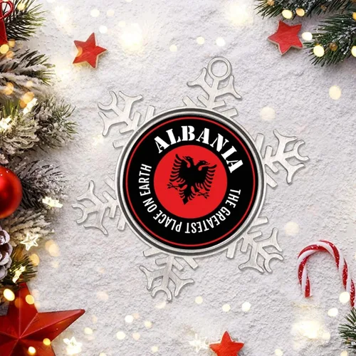 Vista 4 de Adornos de copo de nieve de Albania, adornos para árboles de Navidad, bandera de recuerdo de ciudad, adornos de Navidad personalizados, colgante