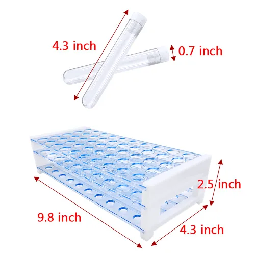 Vista 4 de 50 tubos de ensayo de plástico transparente de 0.3 fl oz con estante, tubo de 0.630 x 3.937 in con tapas y estante de tubos de 50 agujeros, juego