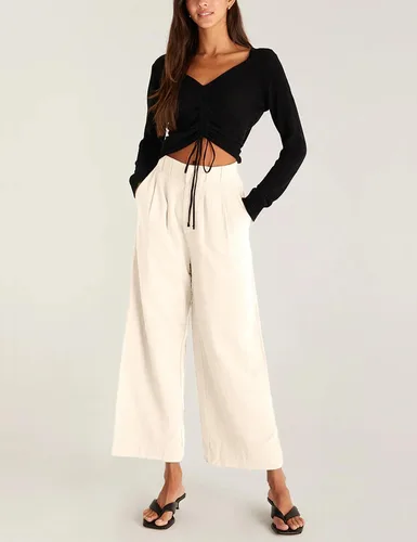 Vista 3 de LTSCNRM Pantalones de pierna ancha para mujer, pantalones casuales de lino de cintura alta, pantalones palazzo, pantalones de oficina y trabajo