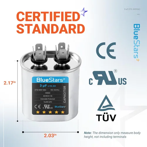 Vista 2 de Blue Stars - Repuesto de condensador de arranque ovalado 3 µF/MFD ± 5% 370/440 VCA 50/60 Hz eléctrico, para aire acond. central, bomba de calor
