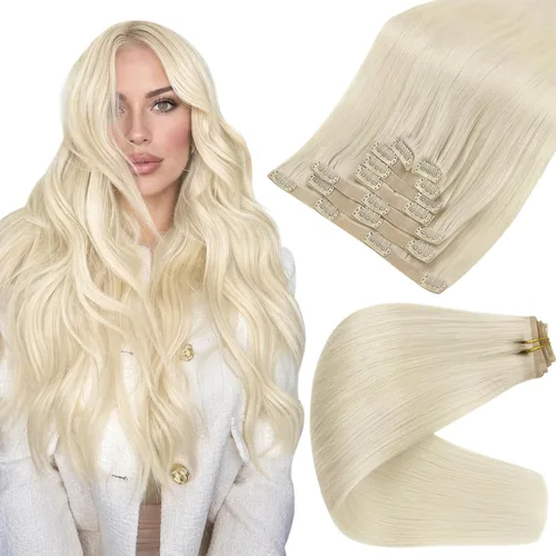 Vista 60 de Full Shine Extensiones de Cabello Rubio con Clip Reflejos Cabello Humano Extensiones con Clip Rubio Ceniza Mezcla Rubio Decolorado PU Extensiones