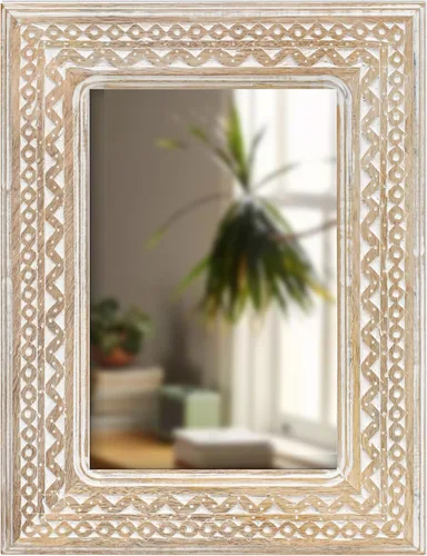 Vista 10 de Espejo de pared, espejo de tocador con marco de madera maciza, espejo de pared decorativo de granja para baño, dormitorio, sala de estar y entrada