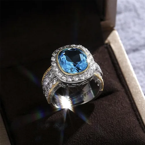 Vista 3 de Anillo de plata de ley 925 con diamantes completos brillantes de oro de 18 quilates, anillo de cóctel de zafiro con circonita cúbica, anillo