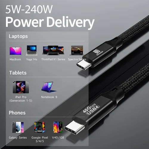 Vista 6 de Elfesoul Cable USB C a C de 1.65 pies, pantalla HD 8K, transferencia de datos de 40 Gbps, cable de carga USB-C de 240 W para Thunderbolt 3/4