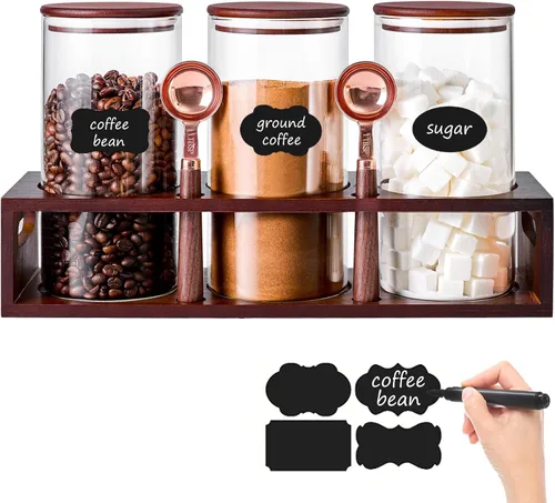 Vista 11 de ZOMUIA Rustic Modern Black - 2 tarros pequeños de almacenamiento de café de 44 onzas con estante, 2 recipientes de café de vidrio herméticos