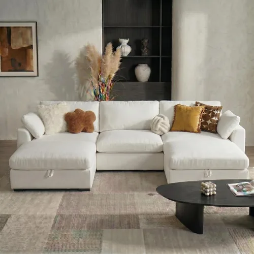 Vista 8 de WEUP Sofá modular de nube de 120 pulgadas de gran tamaño para sala de estar, sofá de nube en forma de L con otomana de almacenamiento, sofá de piel