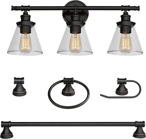 Vista 17 de GLOBE Electric 63000062 - Juego de baño todo en uno de 5 piezas, negro mate y latón, luz de tocador de 3 luces, vidrio sembrado, toallero, soporte