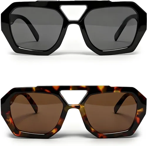 Vista 7 de VISOONE Oversized Flat Top Sunglasses for Men Women Retro Square Aviator Double Bridge Shades UV400 Non-Polarized Renny Negro marrón